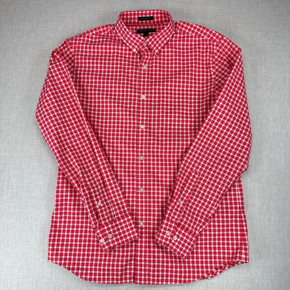 Banana Republic Button Down Mens M Red Gingham Slim Flex Fit Tech Stretch Cotton - Picture 2 of 14